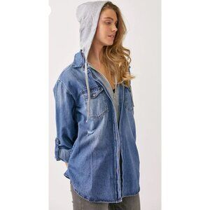 Risen Hooded Denim Shacket Distressed Lightweight Women's Large Zip & Button